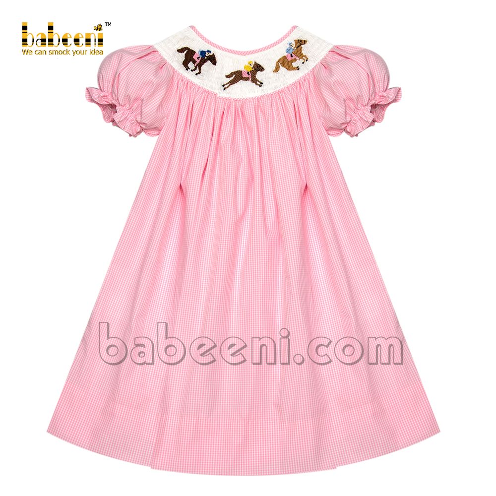 Adorable baby girl racing horses smocked dress - DR 3064